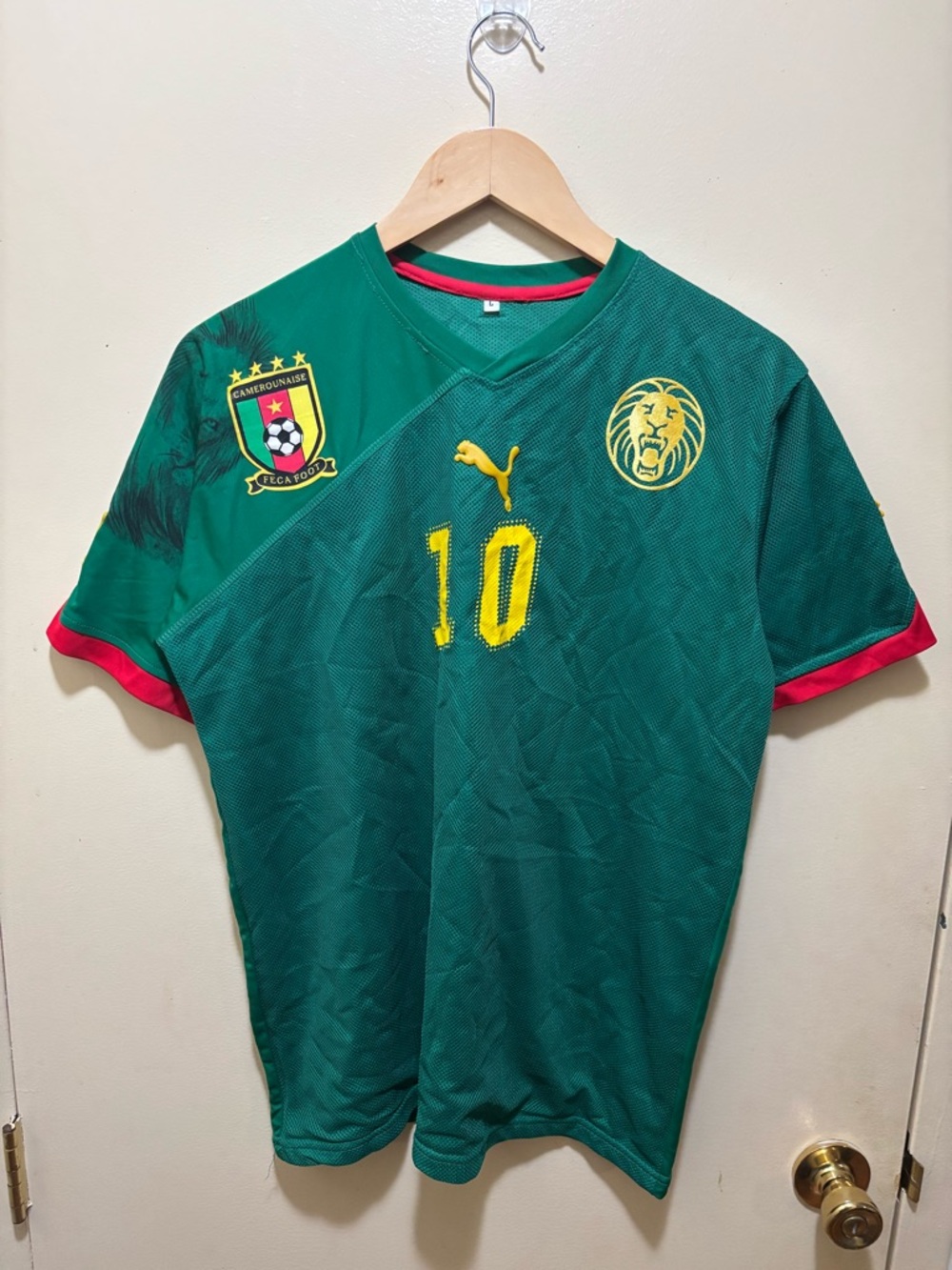 Puma Green & Yellow Cameroon #10 Football Jersey with Red Trim